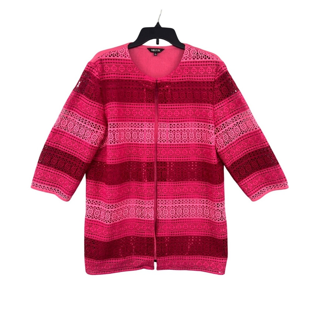 Misook Azalea Crochet Cardigan Jacket Size L Pink Ombre Open Front Longline Chic